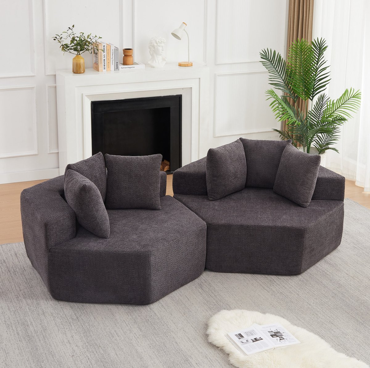 MIVRAY Zitbank 2-Zits - Modulaire Hexagonale Opstelling Met 3 Kussens En Zachte Veren Kern - Voor Woonkamer En Lounge - Chenille - Grijs