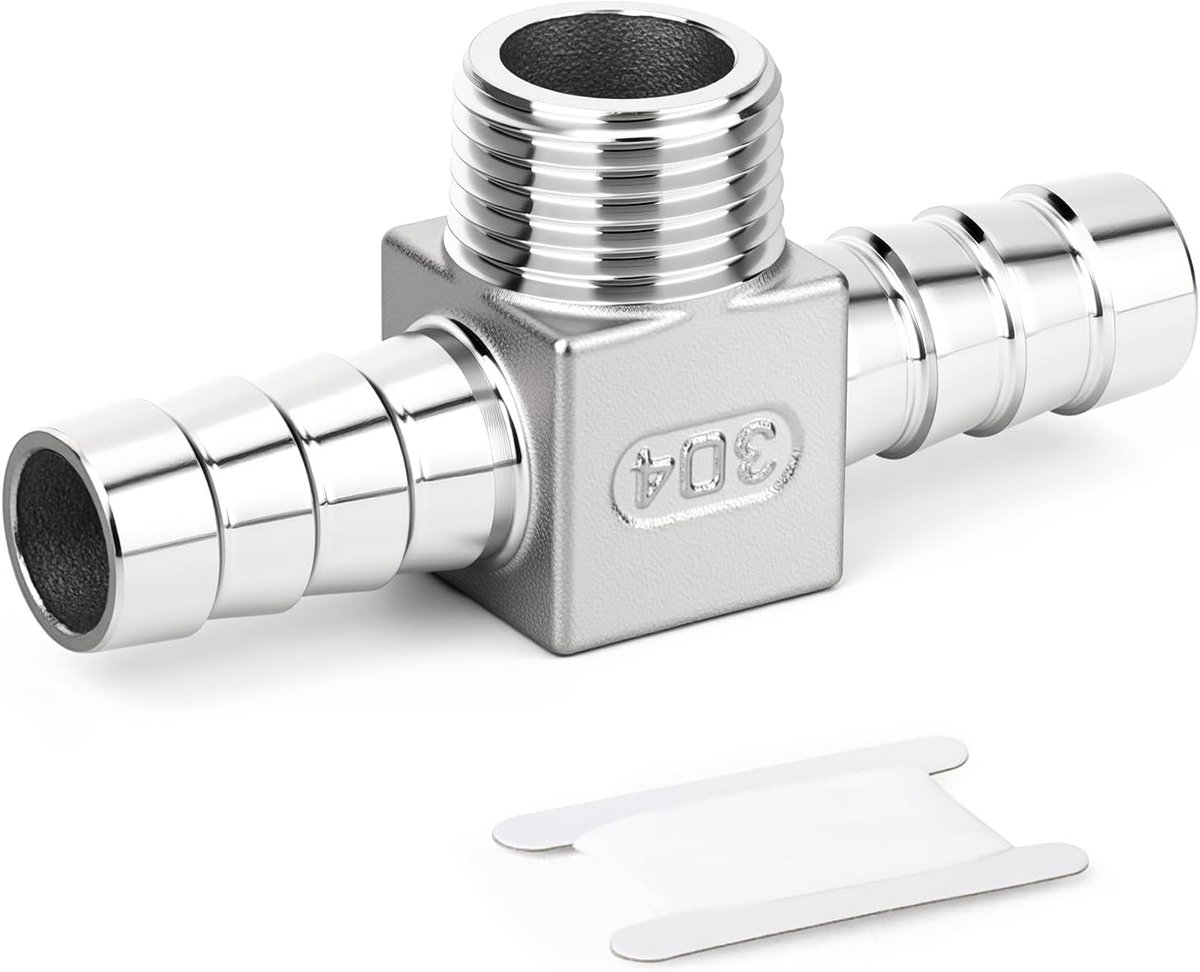 SnelShoppen - 1 Stuk 304 RVS Slang T-stuk, 3/8" BSP Mannelijk x 10mm Getand x 10mm Getand 3-Weg Slangkoppeling met Slangklem voor Brandstof/Lucht/Vloe
