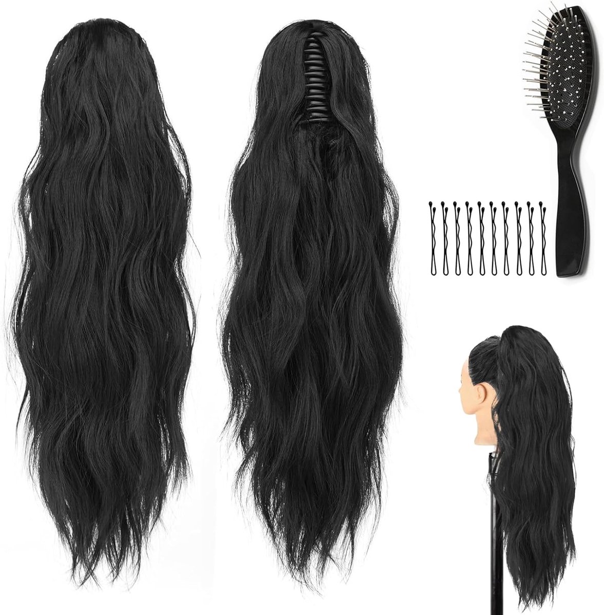 SnelShoppen - Ruffled Ponytail Extension Zwart, Krullend 60 cm Vlechten Haarstuk, Luchtig en Lichtgewicht Synthetisch Haar voor Vrouwen met Kam en Kle