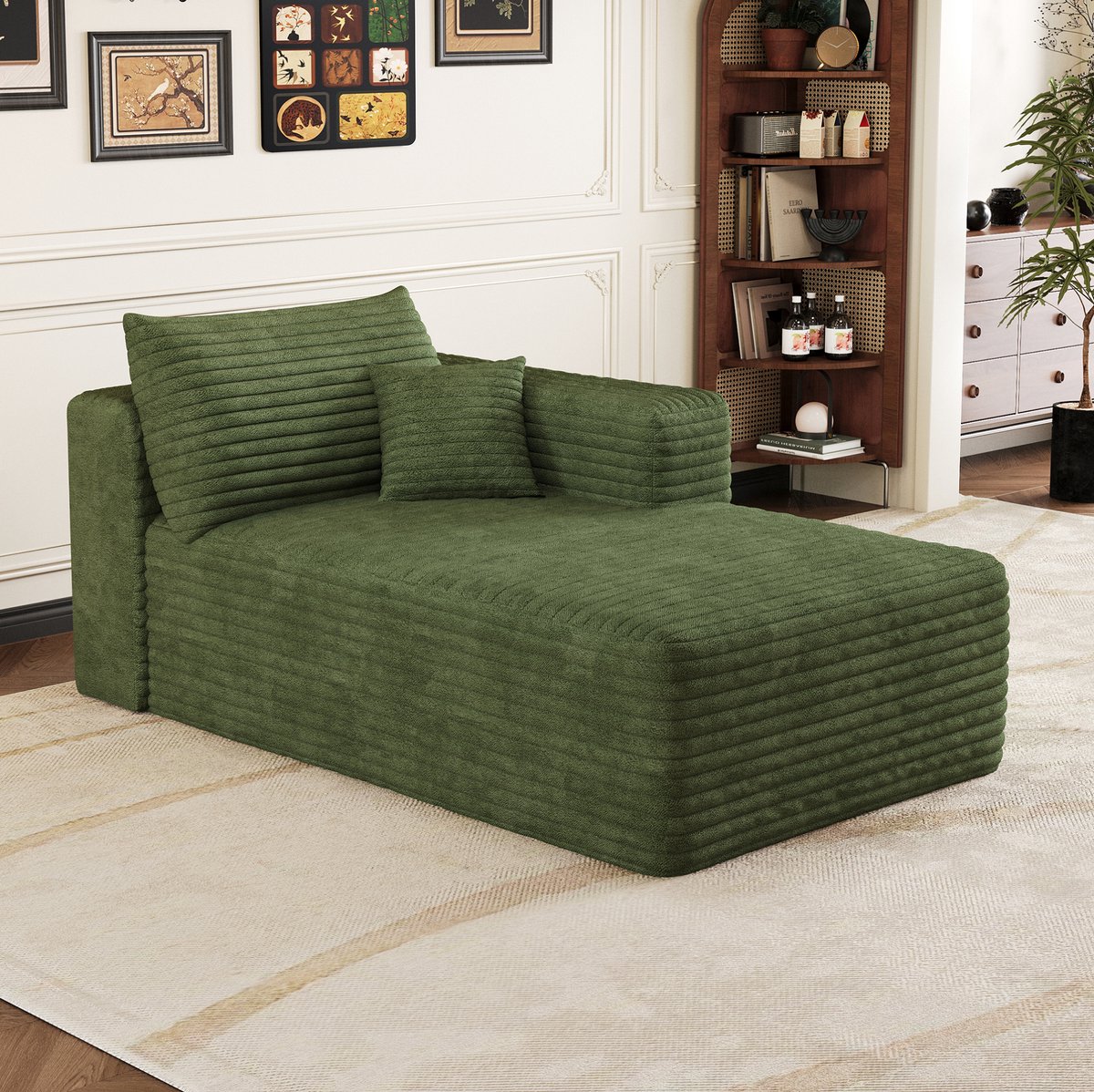 MEUNIQ slaapbank 1-zits met rechts geplaatste chaise longue, zachte ribstof, zonder montage, voor woonkamer of slaapkamer, groen