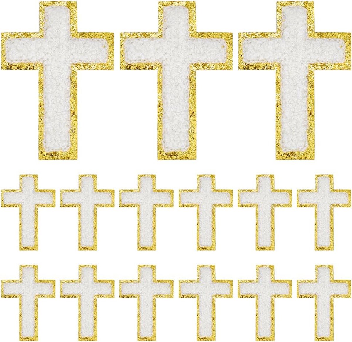 SnelShoppen - Chenille Kruisapplicaties met Decoratieve Gouden Rand, Strijkkruis-Reparatiepatches voor Stof, Naaien, Doe-Het-Zelf Accessoires, Wit, 5,