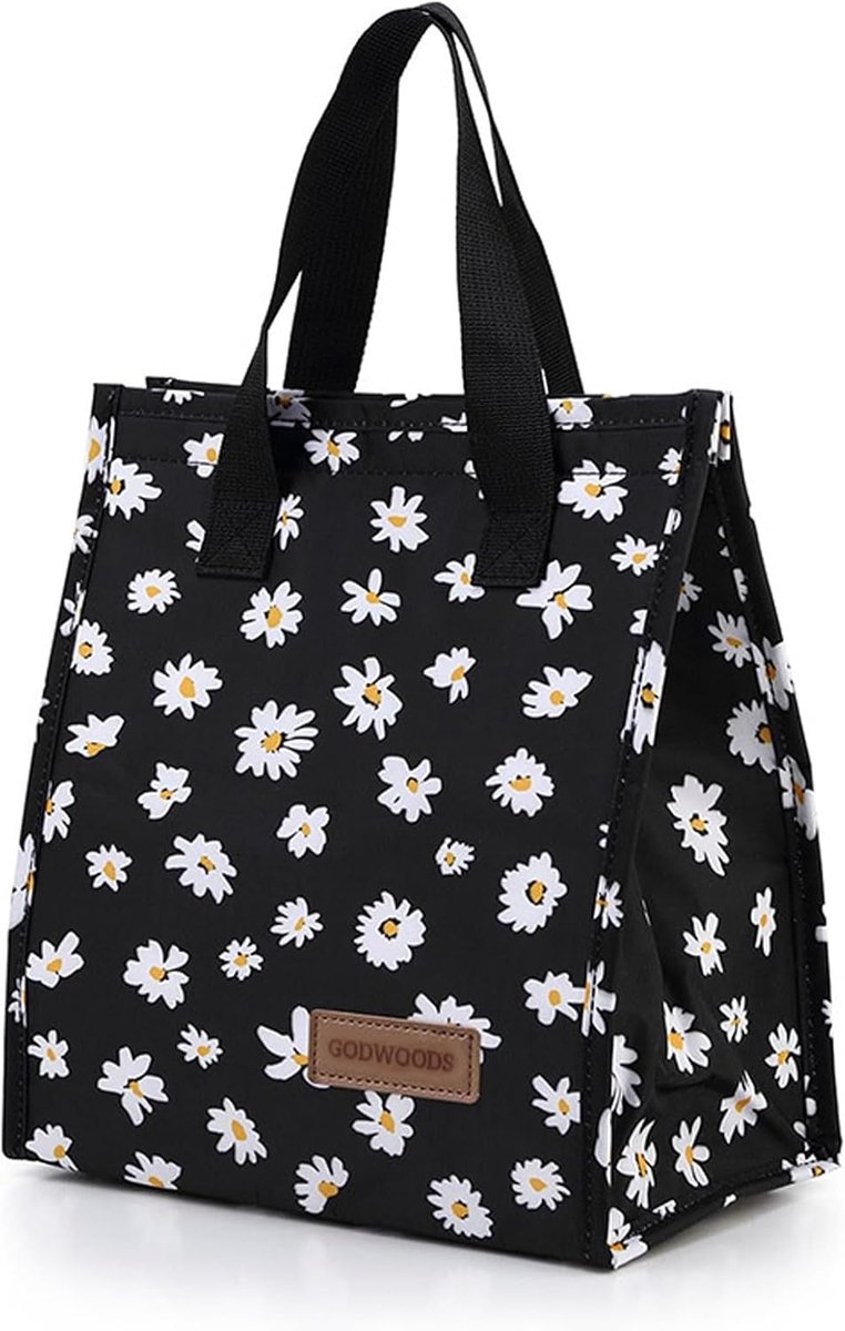 SnelShoppen - Grote Voedsel Thermo Tas, Herbruikbaar, Lekvrij, Draagbaar met Isolatie voor Werk, School, Reizen (Zwart Bloemenpatroon)
