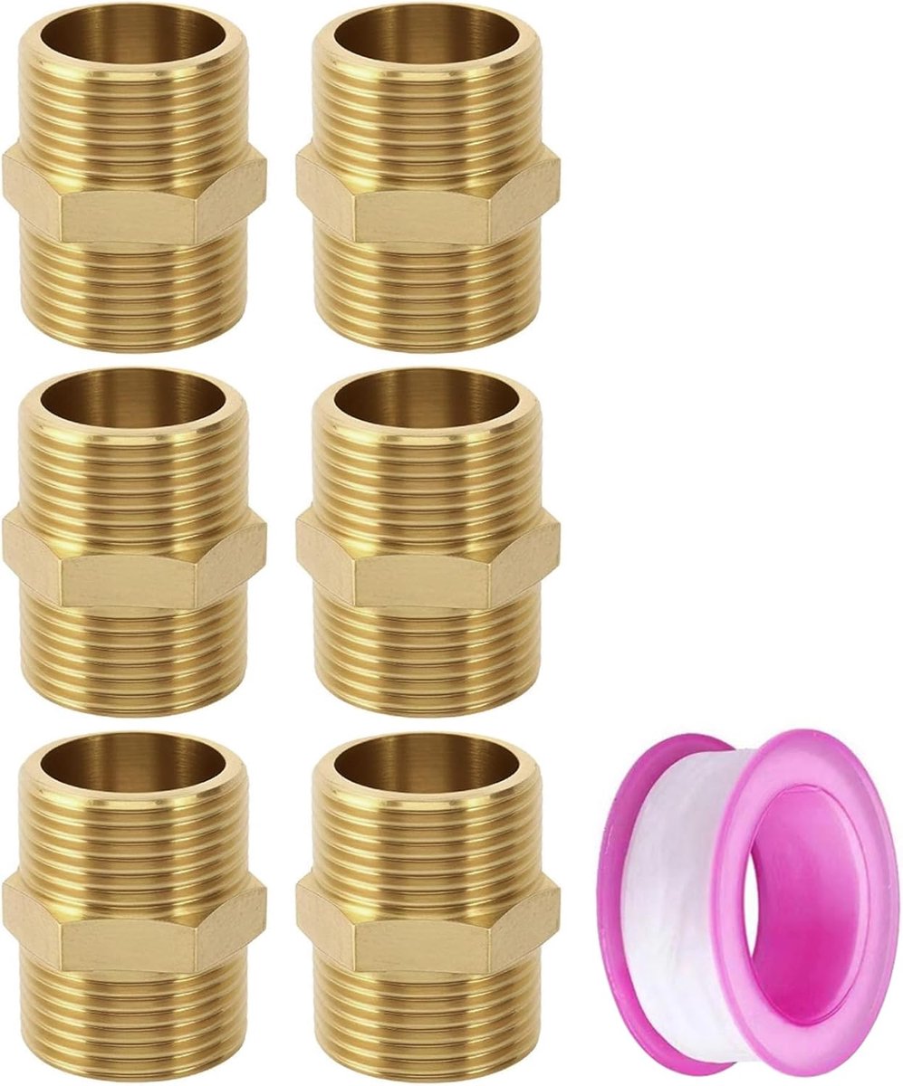 SnelShoppen - 6 Stuks 3/4 Inch Dubbele Nippels Messing Mannelijk Draad met Zeskant Robuust en RVS, Perfect voor Verwarming en Drinkwatervoorzieningen,