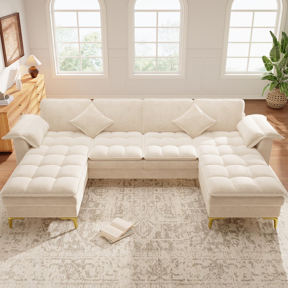 MIVRAY U-bank 262 x 134 x 86 cm - Modulair Design Met Dubbele Schuimlagen En 2 Chaiselongues - Voor Woonkamer En Lounge - Chenille Beige