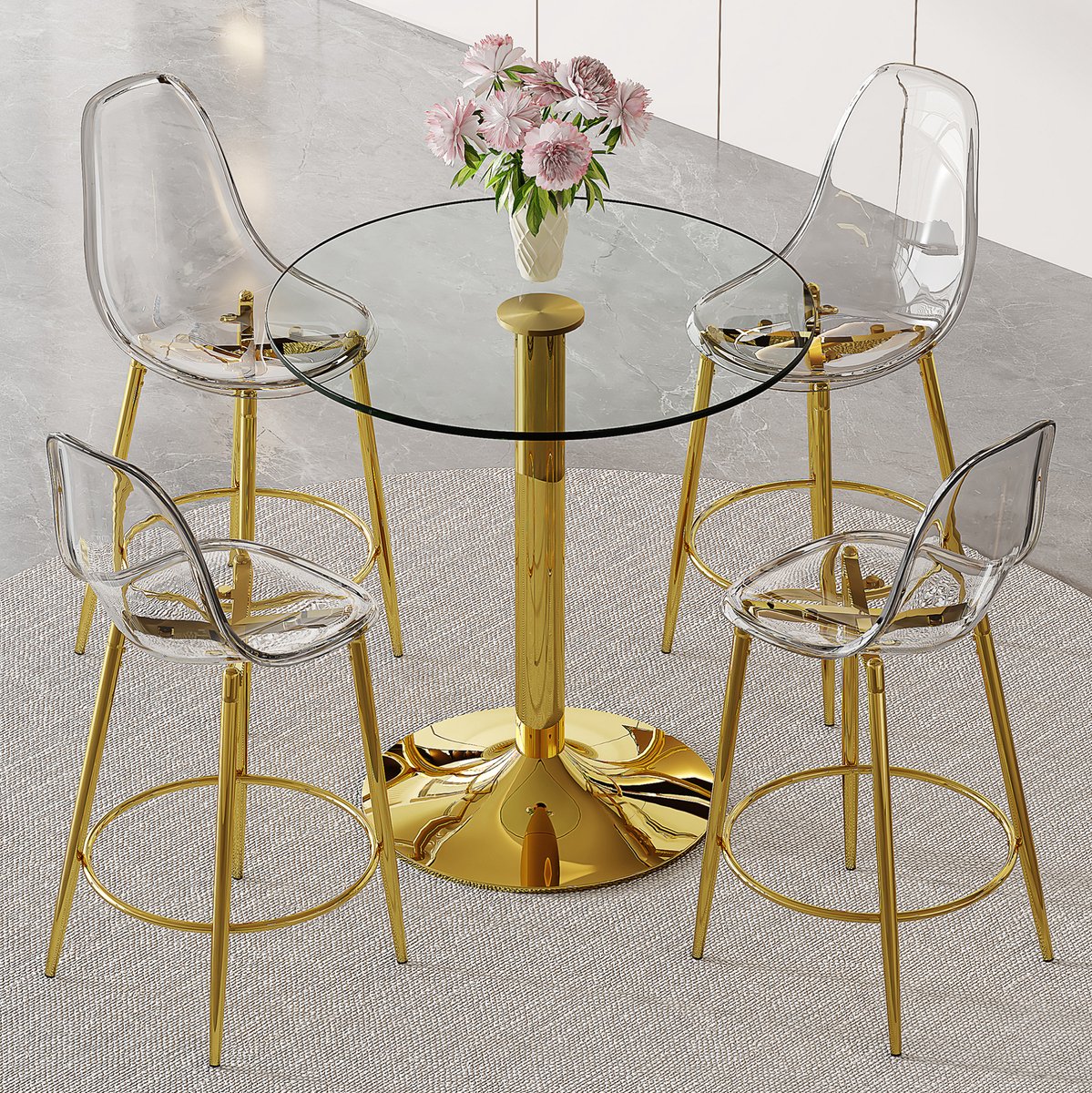 REDOM - Barset - Ronde glastafel met 4 transparante barhockers - Metalen frame - Moderne stijl - Open keuken en bar - Metaal en kunststof - Goud en transparant - 89 cm