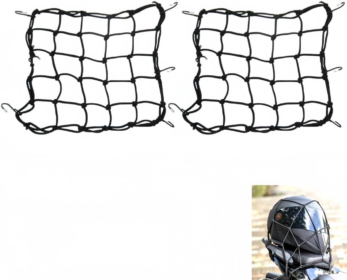 SnelShoppen - Set van 2 Motorfiets Bagagenetten 40 x 40 cm Elastisch Net met 6 Haken voor Fietsmand, Helm, Scooter, Transportnet, Zwart