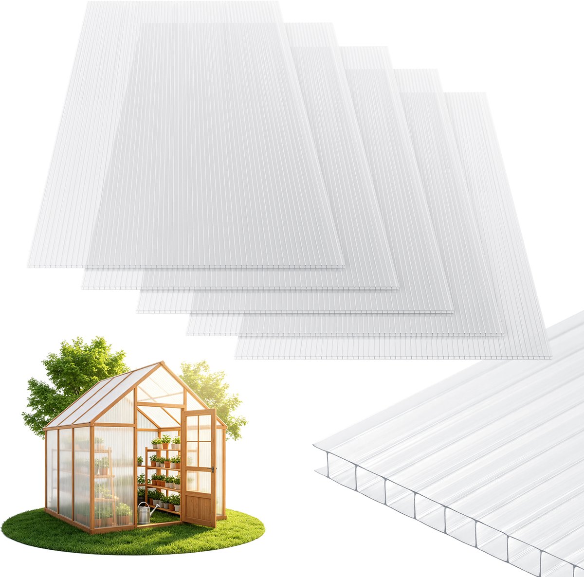 Set van 10 polycarbonaat platen transparant 121 x 60,5 cm, 8 mm, UV-bestendig en op maat te snijden