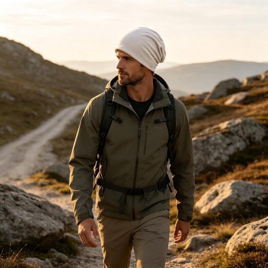 Man met een witte beanie, wandelend in bergachtig terrein.