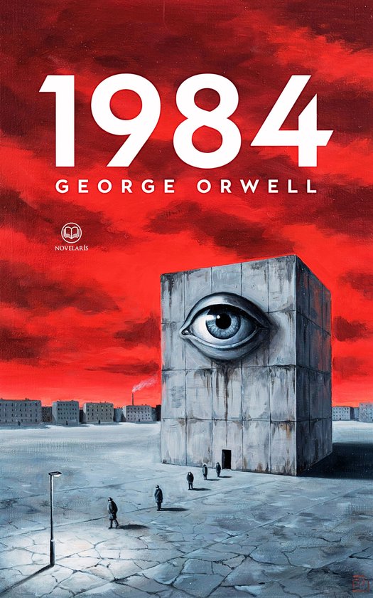 Couverture du livre 1984 par George Orwell. Ciel rouge, cube gris avec un œil, silhouettes de personnes et de bâtiments.