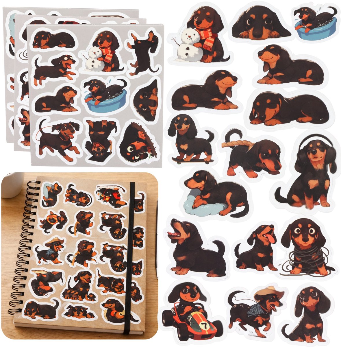 Set teckelstickers voor het versieren van verschillende motieven, 54 stuks.