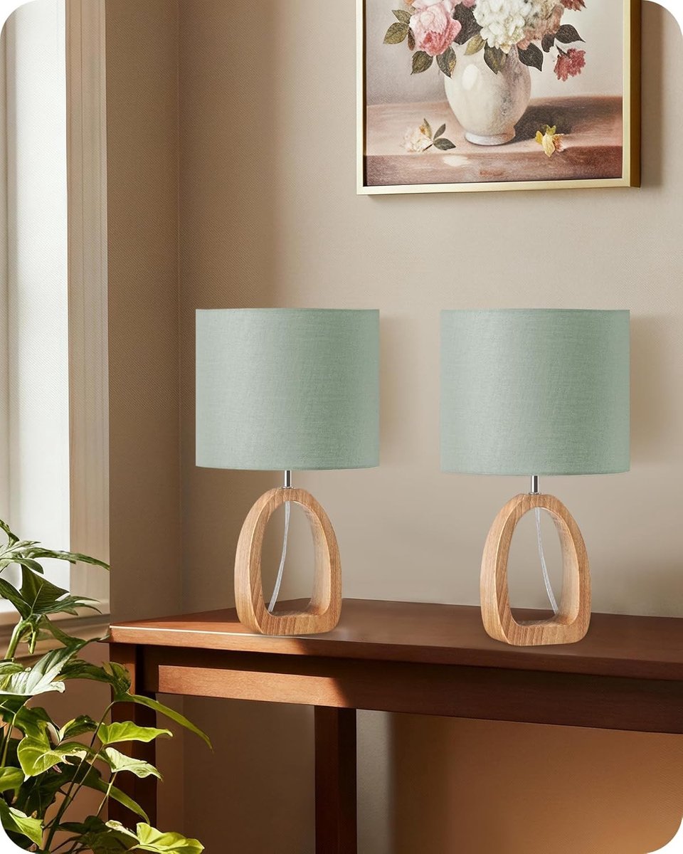 Houten Nachtlampje - Groen - 20 x 20 x 36 cm - Met Linnen Kap en Massief Houten Basis - Voor Woonkamer, Slaapkamer, Kantoor