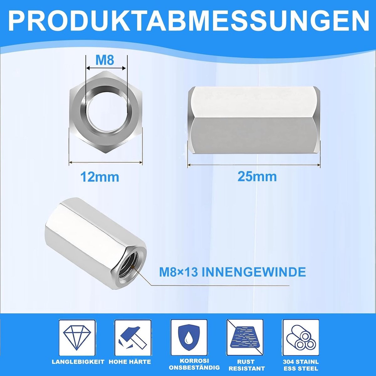 Set van 20 M8 Draadbussen en Verbindingmoeren - RVS Lange Moeren 25 mm voor DIY, Industrie en Mechanische Toepassingen