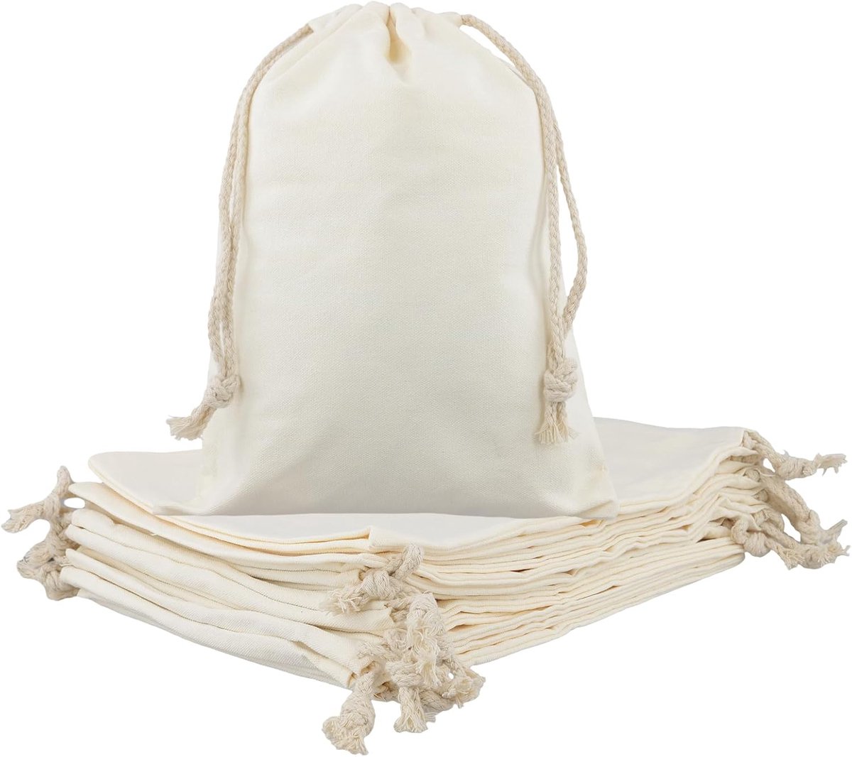 SnelShoppen - 12 Stuks Canvas Trekkoord Tas, 32 x 24 cm, Stoffen Zak met Trekkoord, Katoenen Tas voor Feest, Camping, Kinderen, Tuin, Keuken, Natuurli