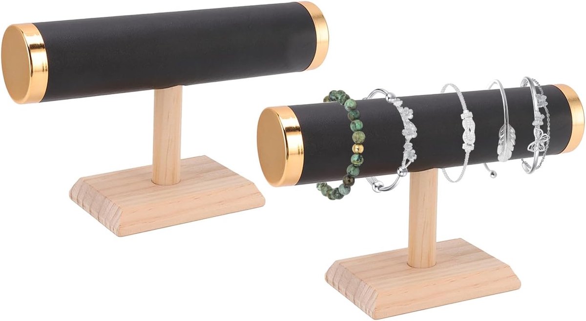 SnelShoppen - T Bar Armband Display Stand, 9.1in Sieradenhouder voor Armbanden en Halskettingen, Luxe Faux Leer, 2 Stuks, Zwart, Perfect voor Thuisorg