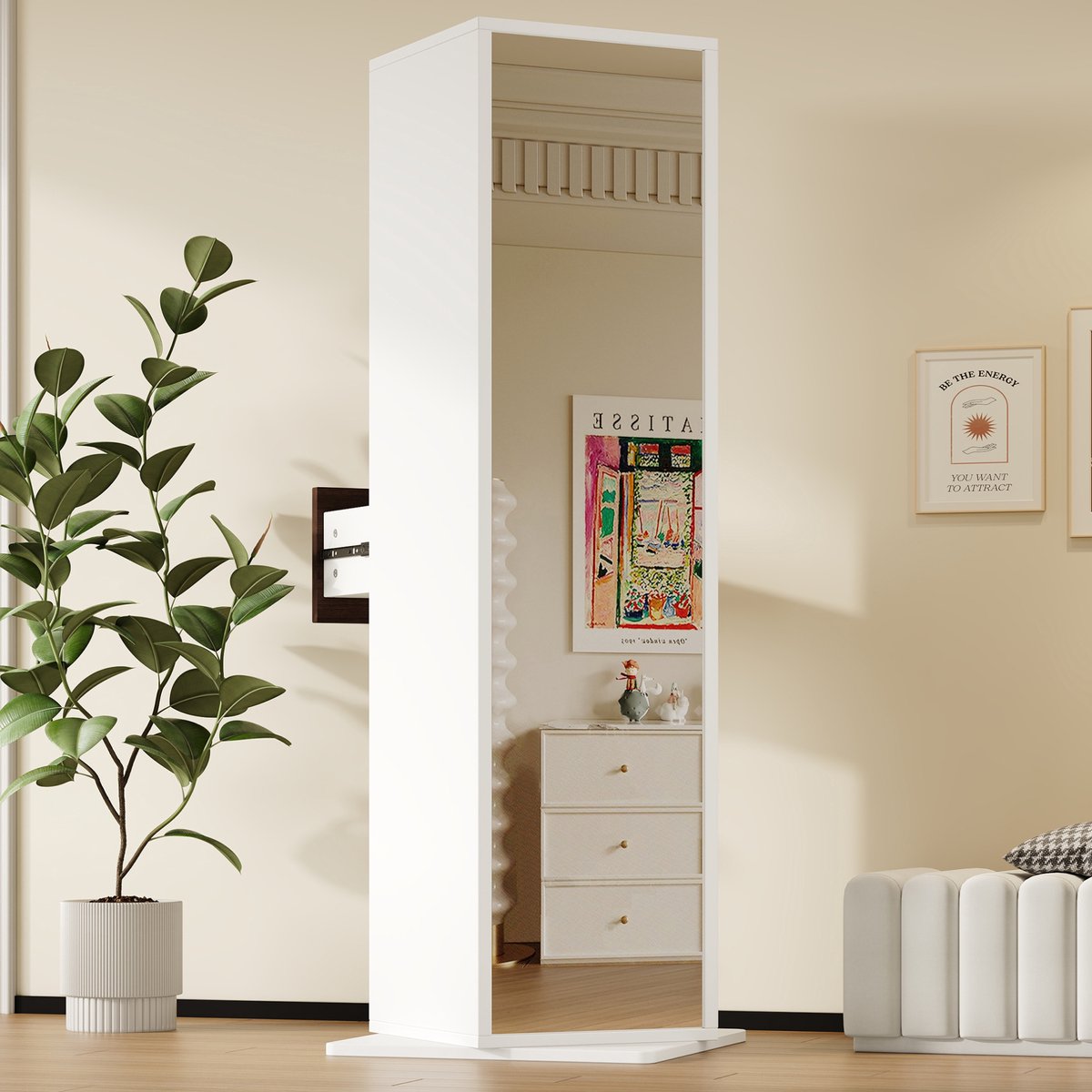 FloraGrace Kast - Draaibare Spiegelkast Met Open Vakken En Lade - Vrijstaand Voor Hal, Slaapkamer En Woonkamer - MDF - Wit - 45 X 45 X 168 Cm