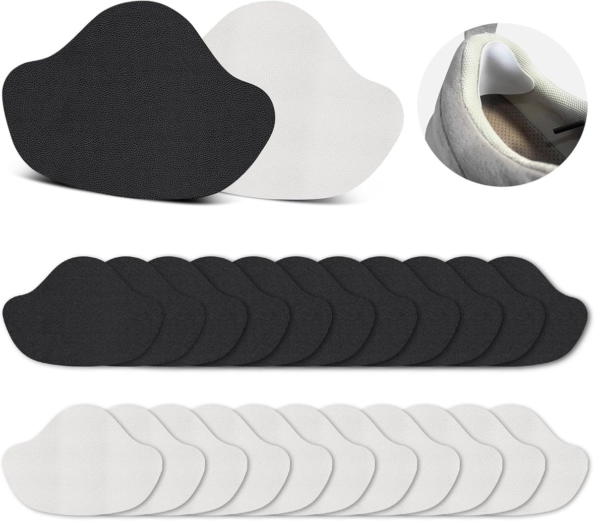 SnelShoppen - Repair Patch Heel Protector voor Schoenen, 24 Stuks, Zelfklevende Heel Pads voor Sneakers en Leren Schoenen (Zwart + Wit)