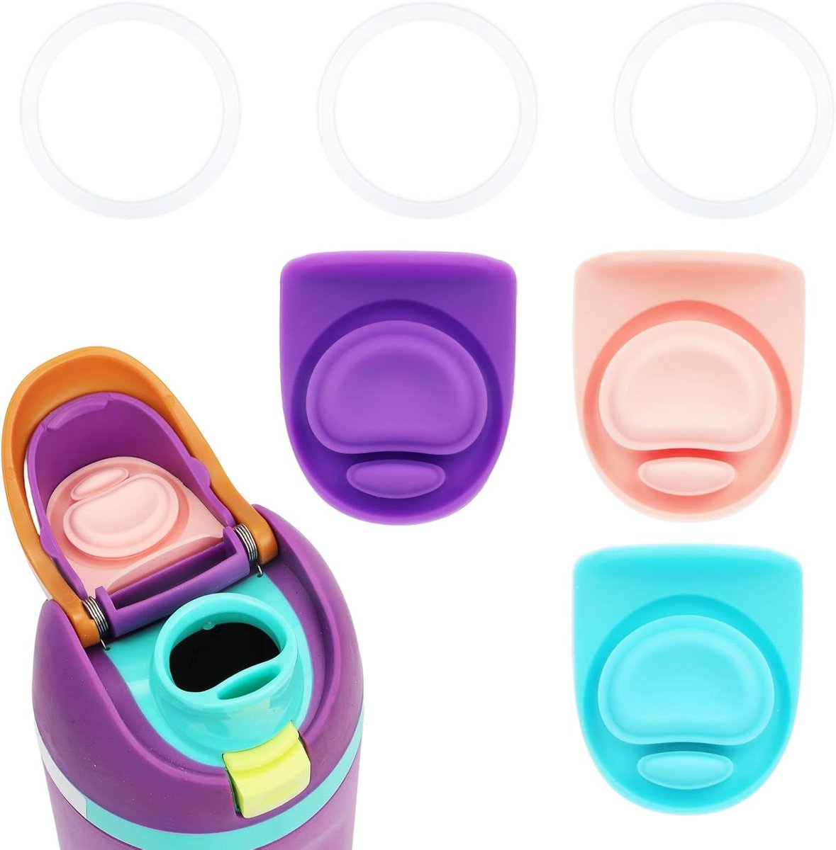 SnelShoppen - 3 Stuks O-Sealing Ringen & 3 Stuks Silicone Stoppen voor Waterfles, BPA Vrij, Lekvrije Accessoires voor Owala Freesip Cap 24/32oz, Kleur