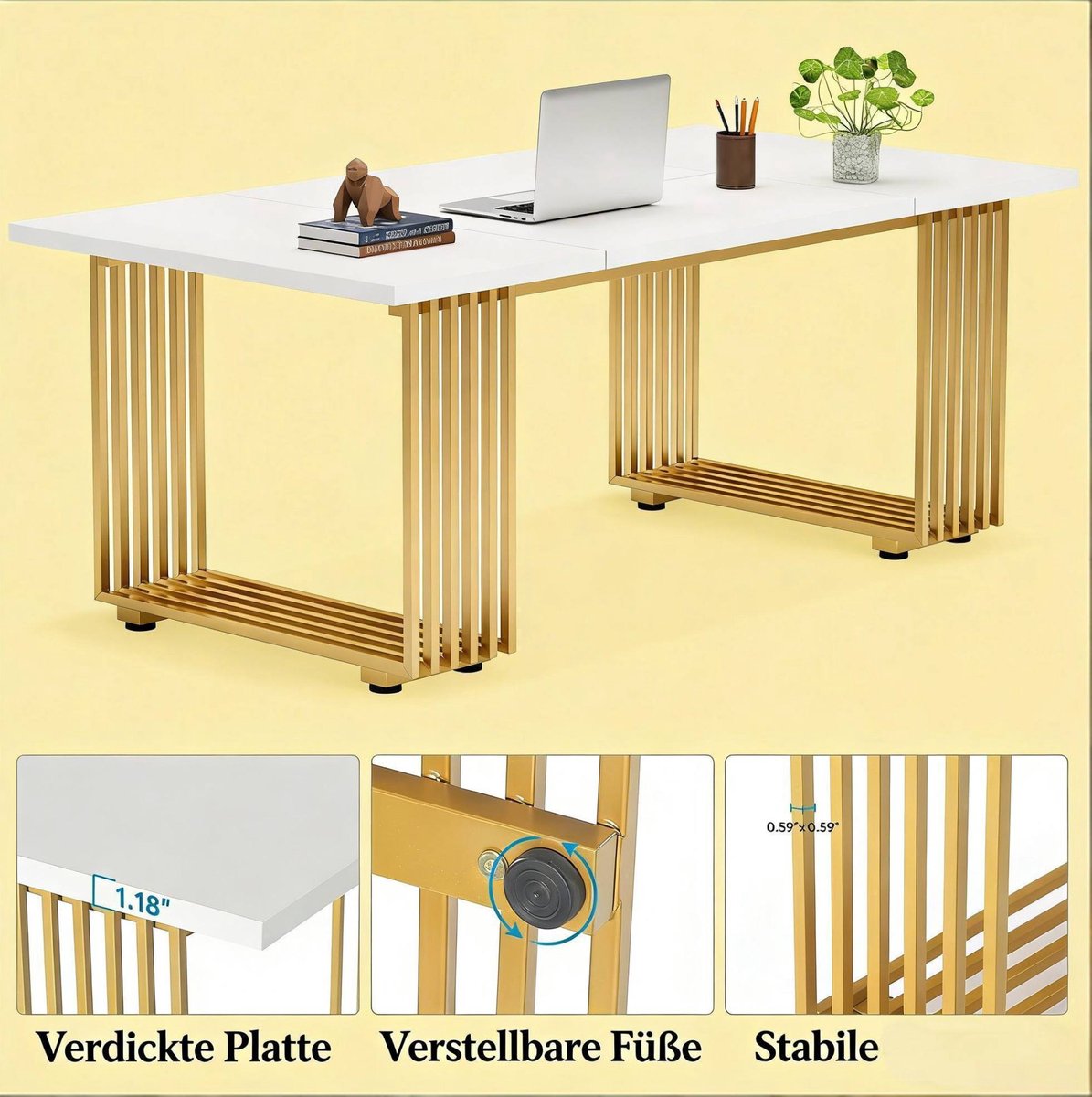 COVREO Bureau 180 x 79 x 78 cm wit en goud, hout en metaal met verstelbare voetjes