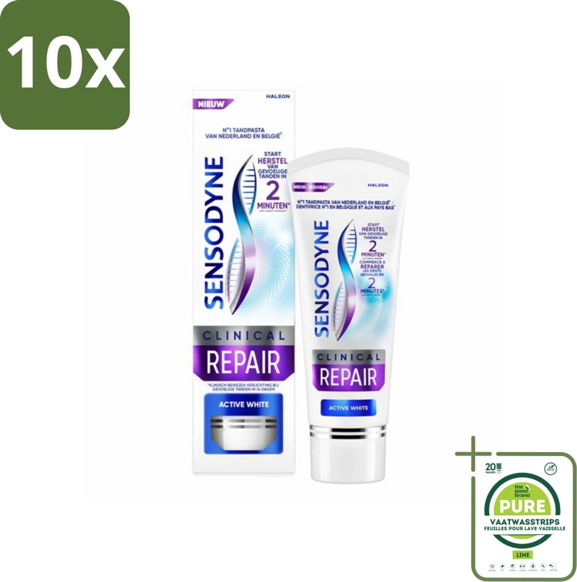 10 x Sensodyne - Tandpasta - Clinical Repair - Active White - Tandglazuur Herstellen - 75 ml - Grootverpakking - Tandgevoeligheid - Tandpasta - Wittere Tanden - Gevoelige Tanden - Novamin