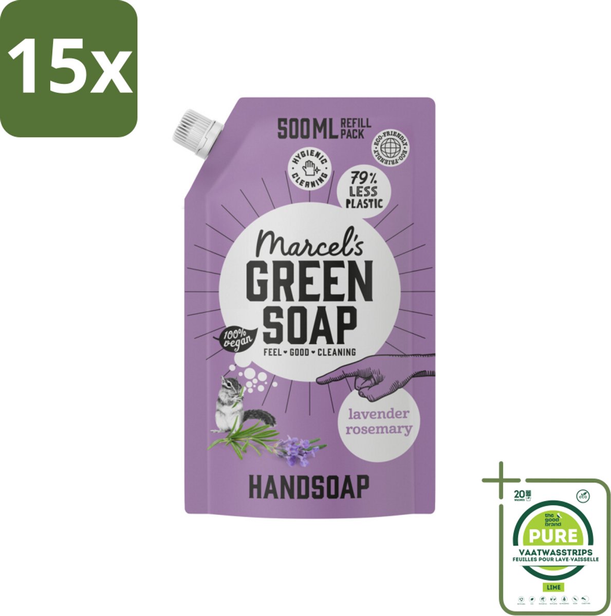 15 x Marcel’s Green Soap – Handzeep Navulling – Lavendel & Rozemarijn – 500 ml - Grootverpakking - Handzeep - Natuurlijke Handzeep - Plantaardige Handzeep - Lavendel Handzeep - Rozemarijn Handzeep
