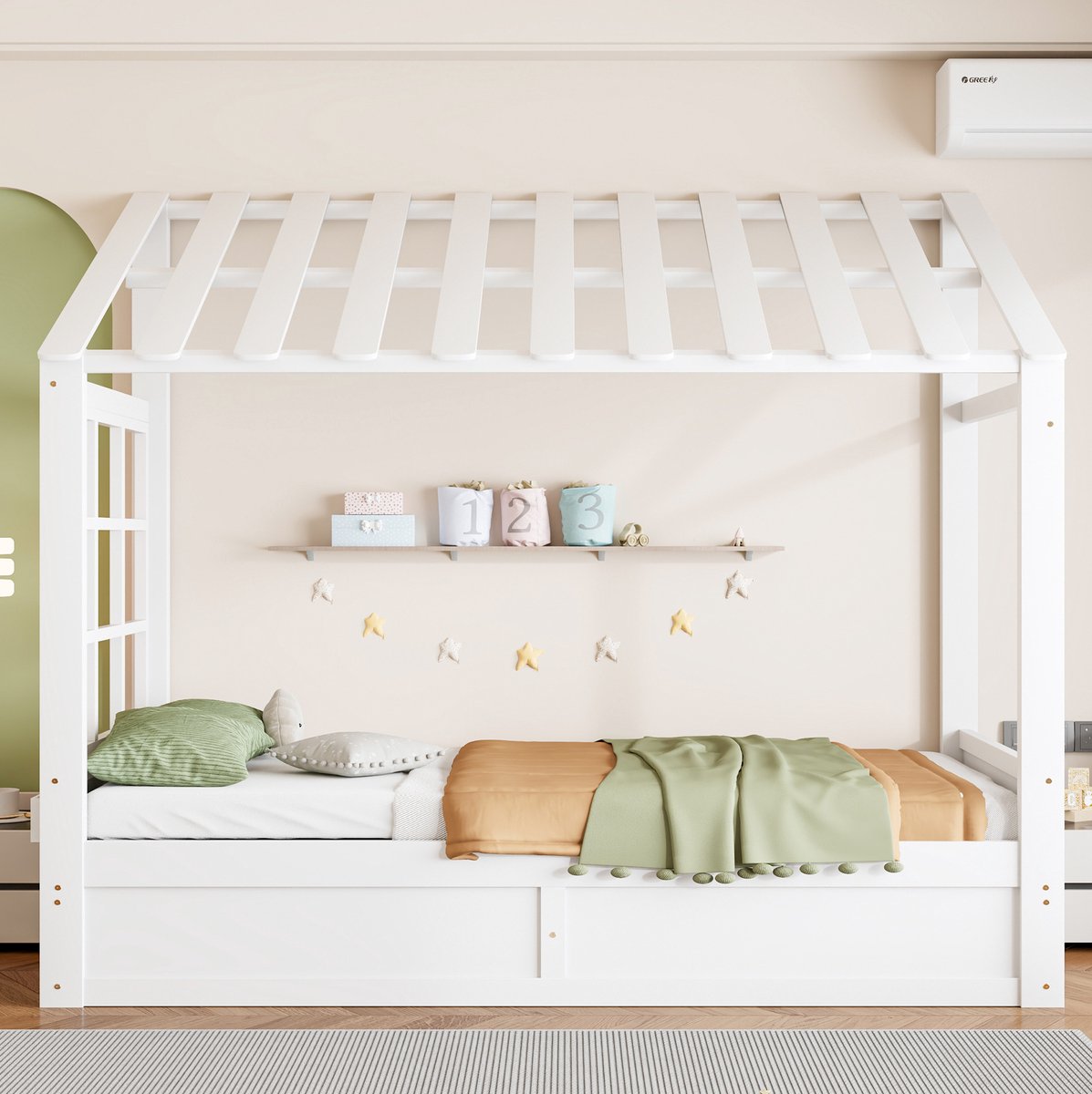 MIVRAY Hoogslaper 90x200 cm Met Opbergruimte - Kinderbed Met Huisdak En Raamdetails - Met Lattenbodem - Hout, MDF En Metaal - Wit