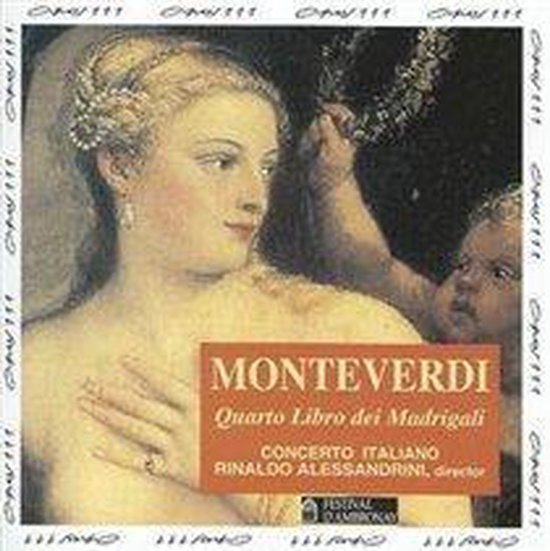 Albumhoes met schilderij van een vrouw en kind, met tekst: MONTEVERDI Quarto Libro dei Madrigali.