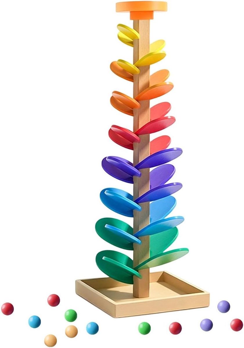 Muzikale Knikkerbaan - Ballenbaan Hout - Kleuren Leren - Zintuiglijk Spel - 30 x 375 x 4 cm - Multicolor