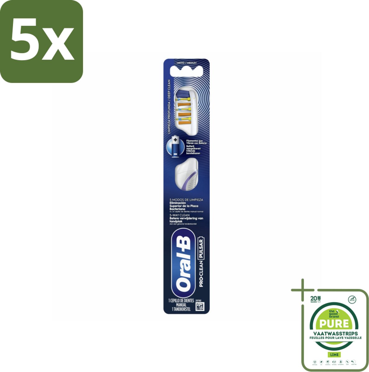 5 x Oral-B - Pro-Clean Pulsar – Tandenborstel – Medium – Manueel - Grootverpakking - Tandenborstel - Tandenborstel Batterij - Tandenborstel Elektrisch - Tandenborstel Met Trilling - Tandenborstel Met Power Tip