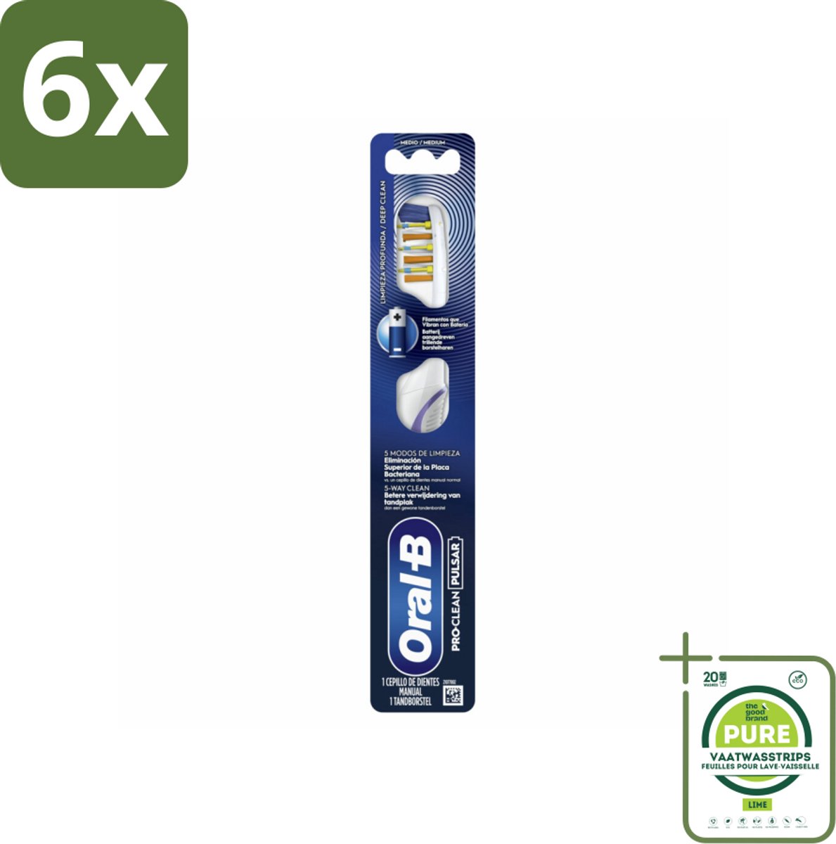 Oral-B - Pro-Clean Pulsar – Tandenborstel – Medium – Manueel - Voordeelverpakking - 6 stuks - Tandenborstel - Tandenborstel batterij