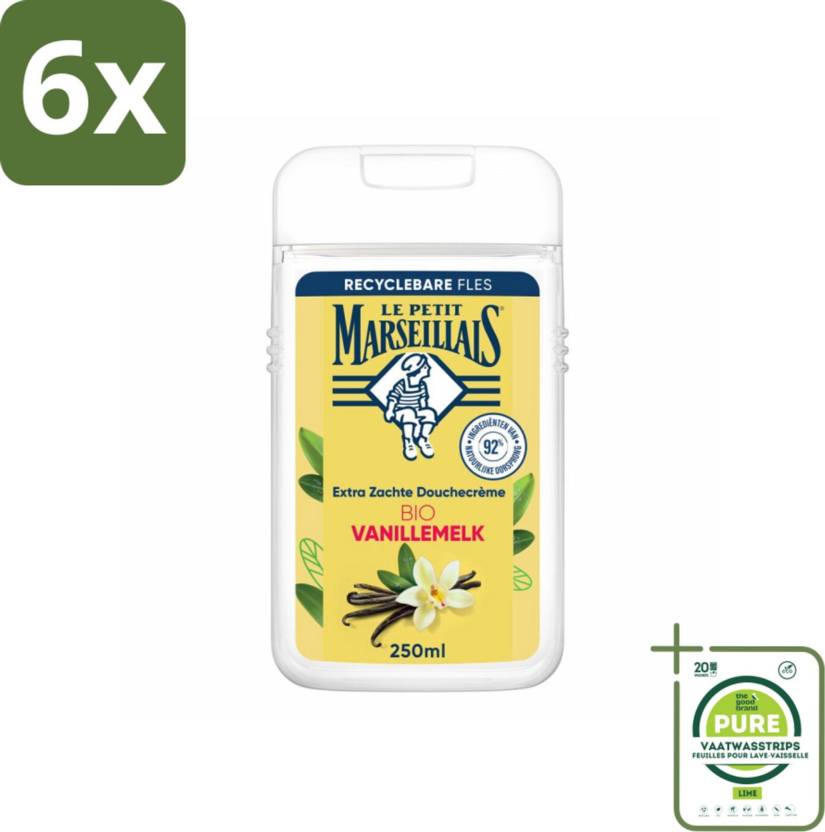 Le Petit Marseillais – Douchecrème – Lait de Vanille Bio – Extra zacht – 250 ml - Voordeelverpakking - 6 stuks - Douchecrème - Vanille