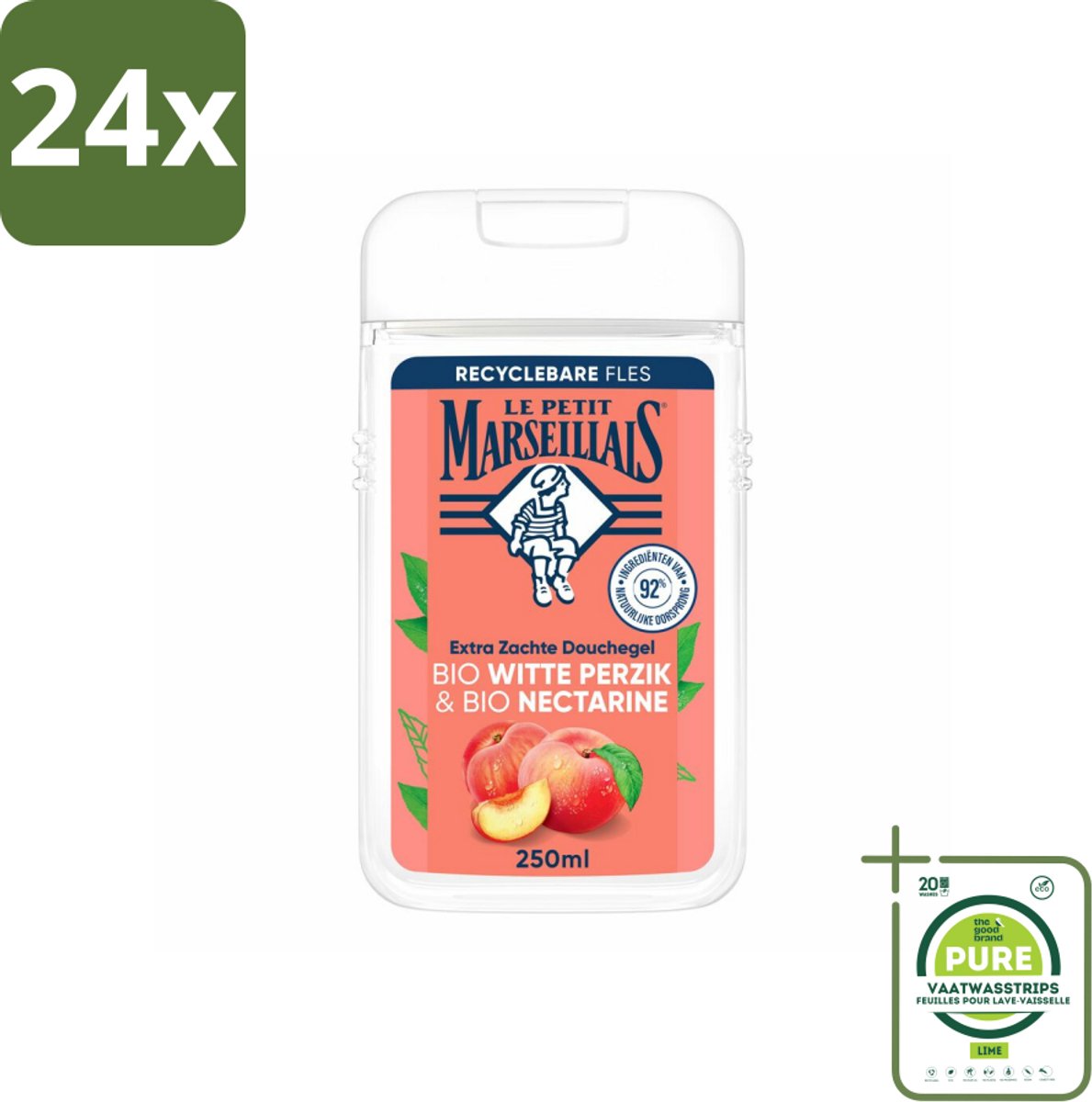 Le Petit Marseillais – Douchegel – Bio Perzik & Nectarine – Verfrissend – 250 ml - Voordeelverpakking - 24 stuks - Douchegel bio perzik en nectarine - Frisse douchegel