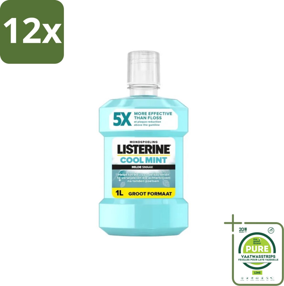 Listerine – Mondwater – Cool Mint – Milde smaak zonder alcohol – 1 liter - Voordeelverpakking - 12 stuks - Mondspoeling - Mondhygiëne