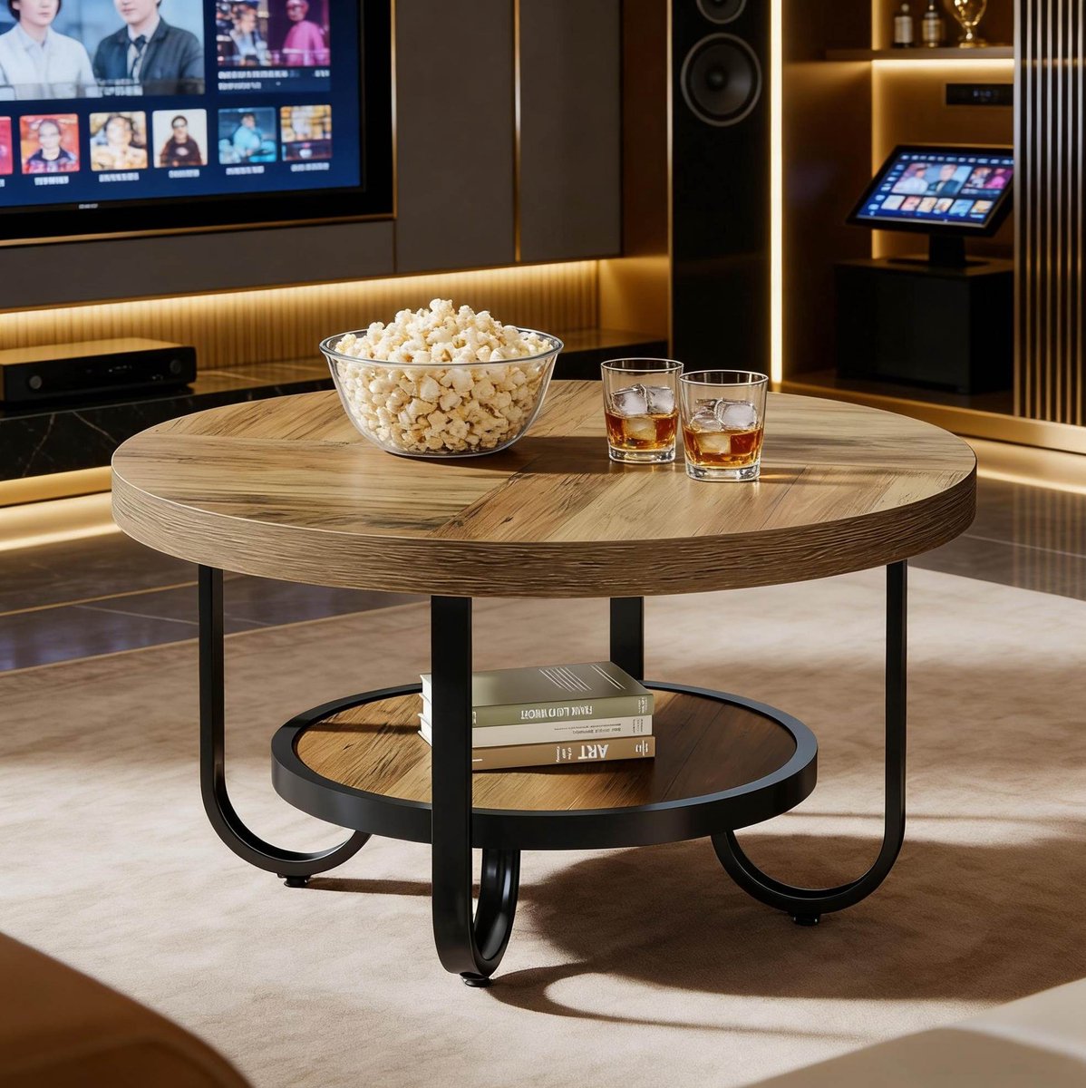 COVREO Salontafel 79 x 79 x 45 cm, zwart en bruin, MDF en metaal, 2 niveaus