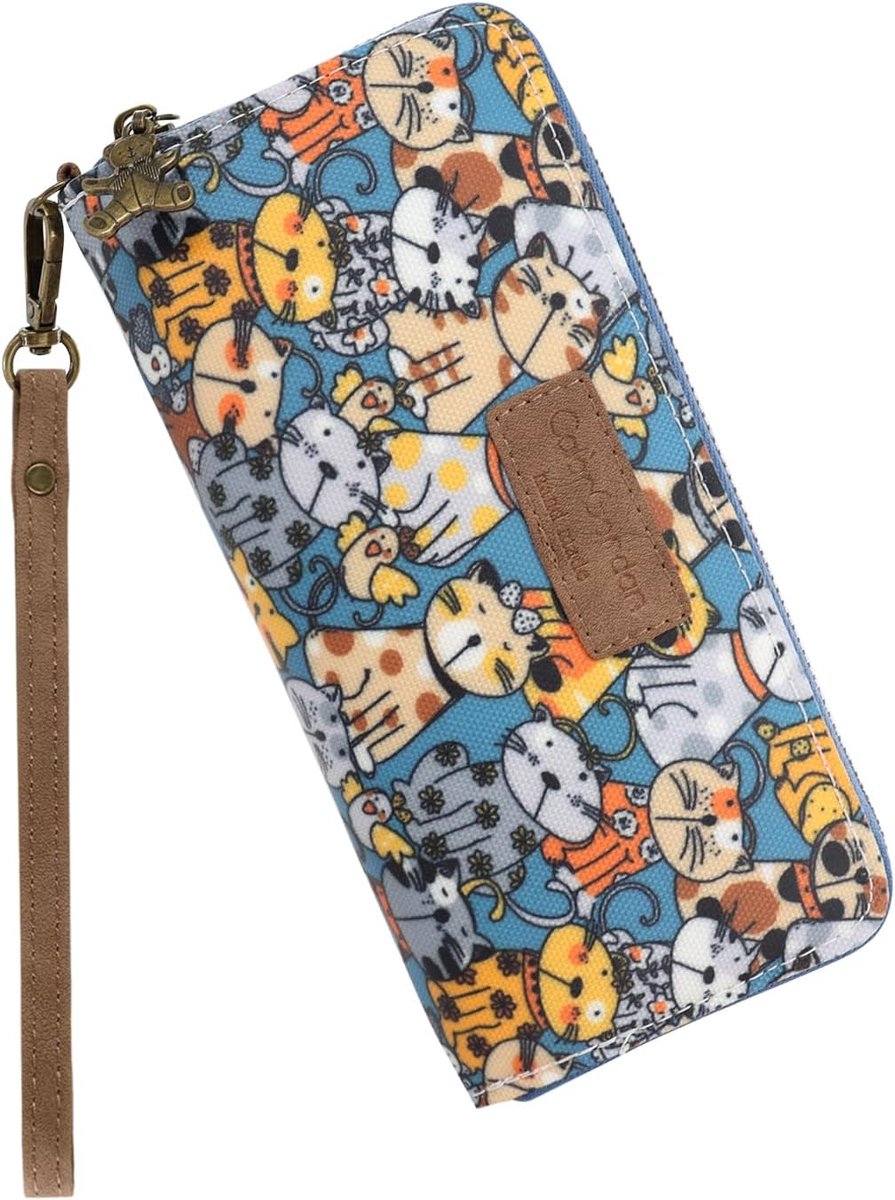 SnelShoppen - Schattige lederen damesportemonnee met afneembare polsband, 11 kaartsleuven, 2 muntvakken met ritssluiting, Modern kat & bloemenpatroon,