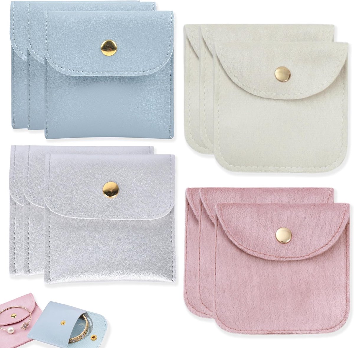 SnelShoppen - 12 Stuks Kleine Sieraden Tasje met Drukknop, 8x8cm Luxe Leren en Fluwelen Tassen voor Reizen, Ringen, Armbanden, Kettingen, Oorbellen in