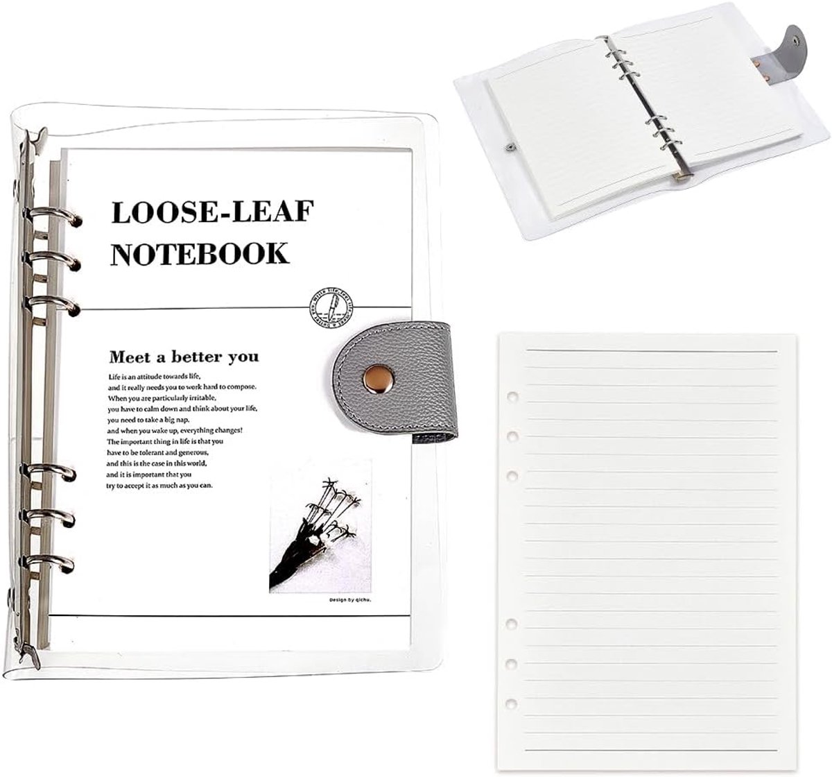 SnelShoppen - A5 6 Ringen Notitieboek Cover Transparant PVC Met Drukknoop Sluiting Navulbare Hoezen Voor Losse Bladen Planners En Agenda's Donkergrijs