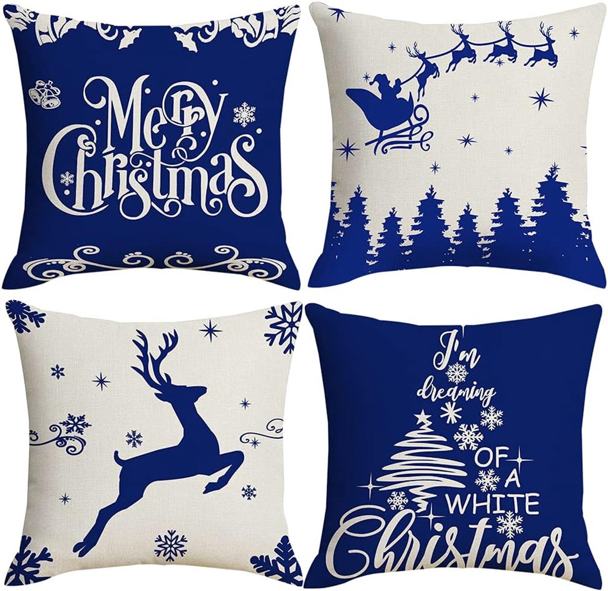 SnelShoppen - 4 Stuks 20x20 Kerst Kussenhoezen - Decoratieve Buiten Binnen Kussenhoezen met Sneeuw en Kerstboom - Blauw Wit - Perfect voor Feestdagen