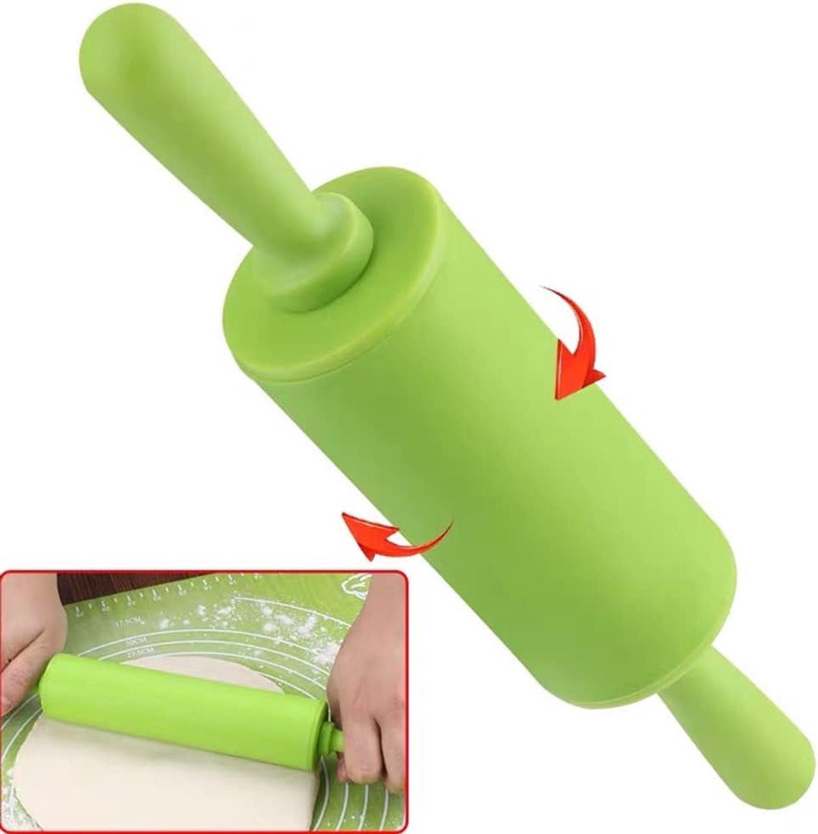 SnelShoppen - Non-Stick Siliconen Deegroller met Houten Handvat 9 Inch voor Bakken, Keuken, Kinderen, Taarten - Groene Kleur