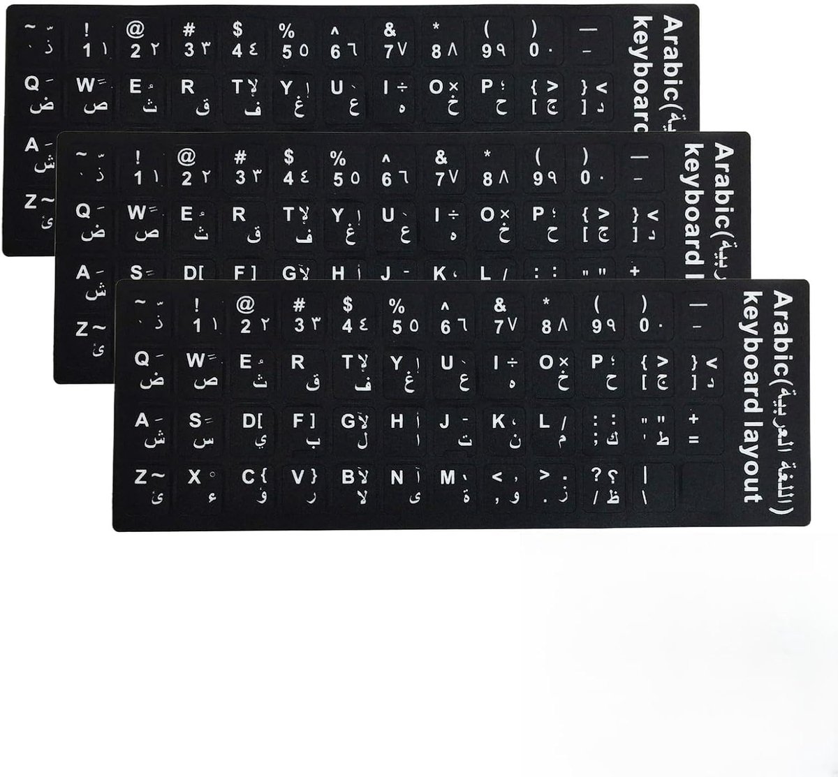 SnelShoppen - 3 Stuks Arabische Toetsenbord Stickers, Arabisch en Engels, Zwarte Achtergrond Vervangstickers met Witte Letters voor Computer, Laptop e