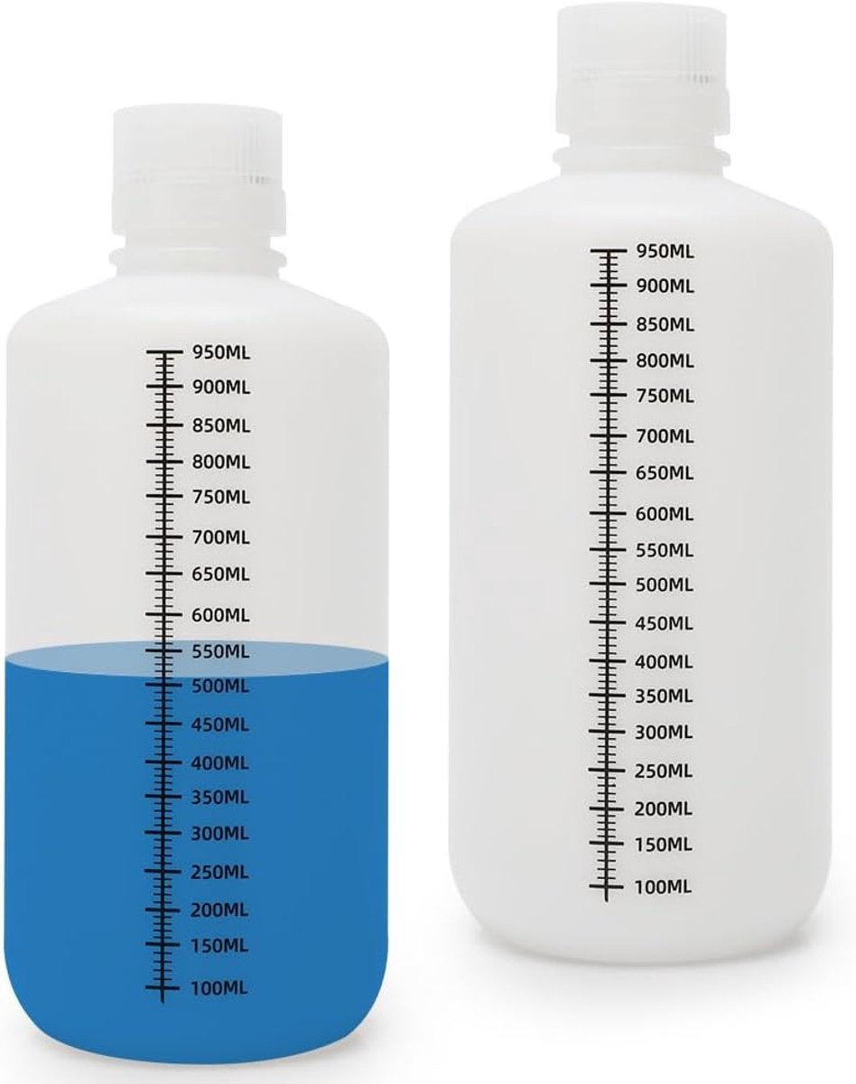 SnelShoppen - LOMUG PE Brede Nek Flessen met Laboratoriumschaal, Vloeistofopslagflessen, Plastic Watervoorbeeldflessen met Luchtdichte Deksel (2x 1000