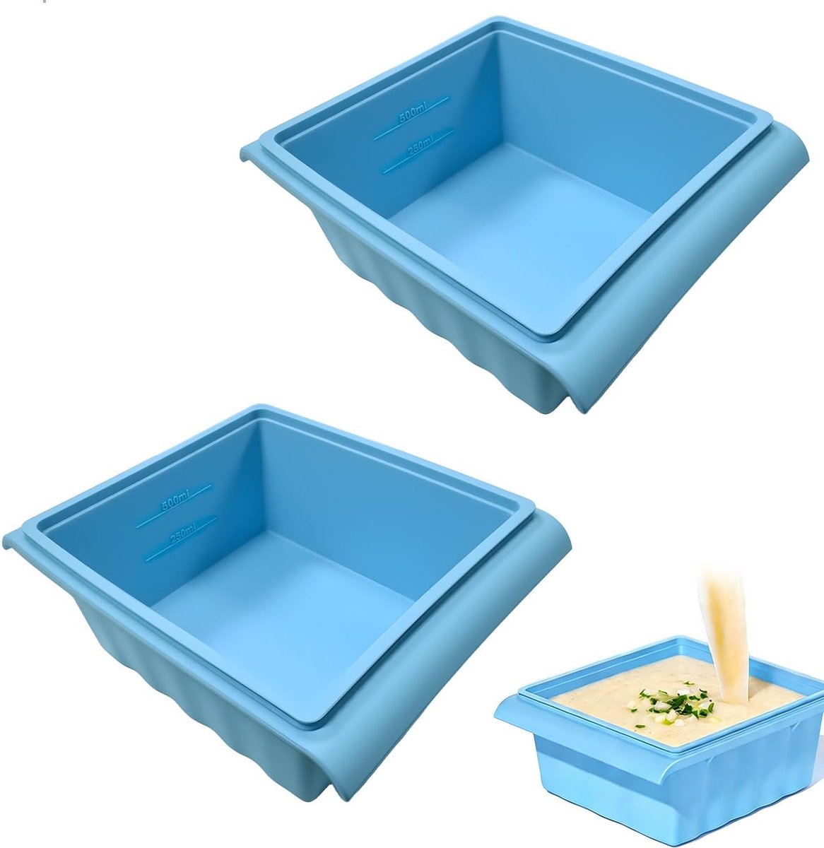 SnelShoppen - Siliconen ijsblokjesvorm met deksel, 500 ml, 2 stuks, BPA-vrij, voor invriezen en bewaren van soepen, sauzen, bouillon, restjes, vierkan