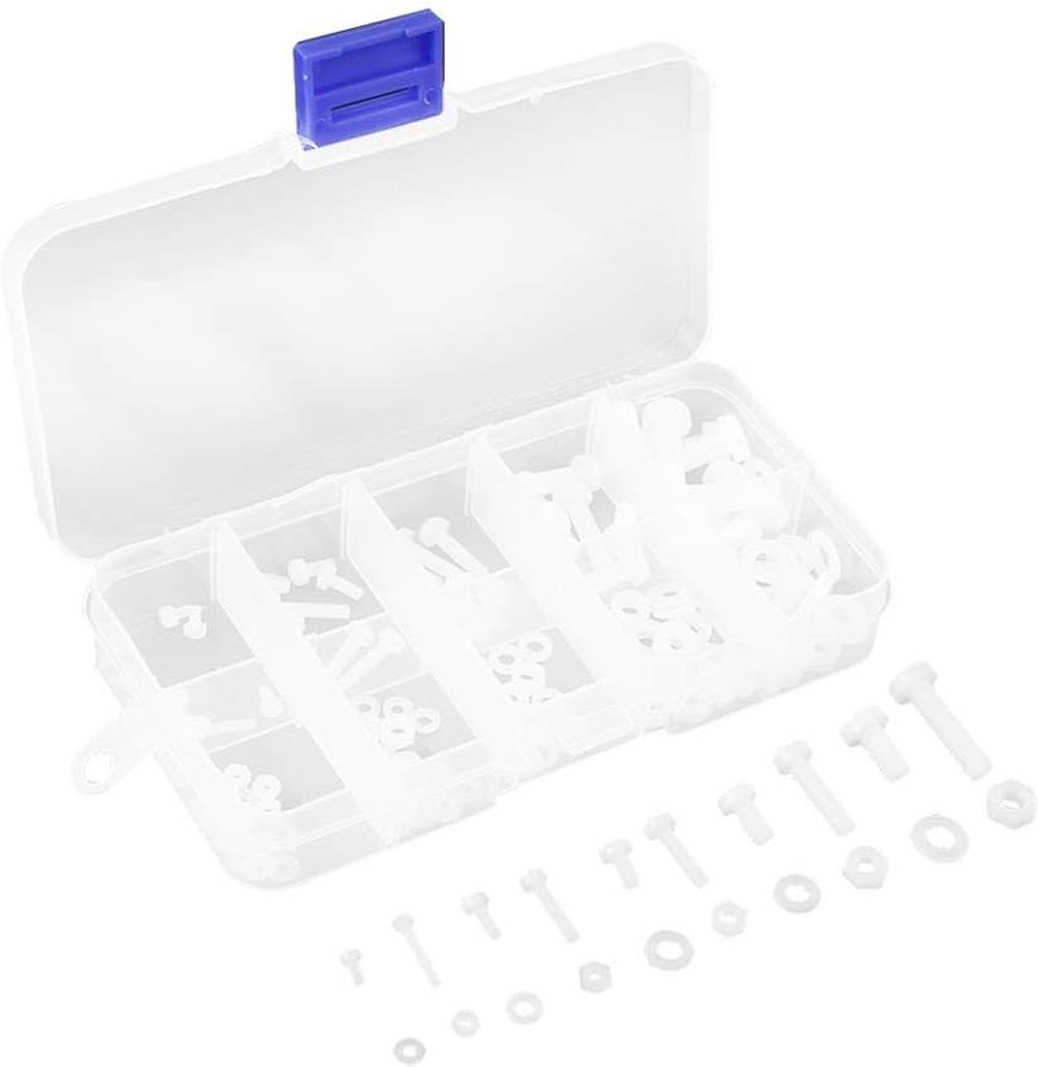 SnelShoppen - Box met 150 Stuk Assortiment Bouten Schroeven Rond Hoofd Volledig Gewikkeld met Zeskantmoeren en Ringen in Witte Nylon M2 M2.5 M3 M4 M5