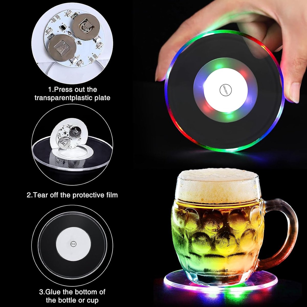 SnelShoppen - Set van 10 Kleurrijke LED Coasters met 3 Verlichtingsstanden, Luminous Coasters van Acryl, Waterdichte Coasters voor Glazen en Flessen,