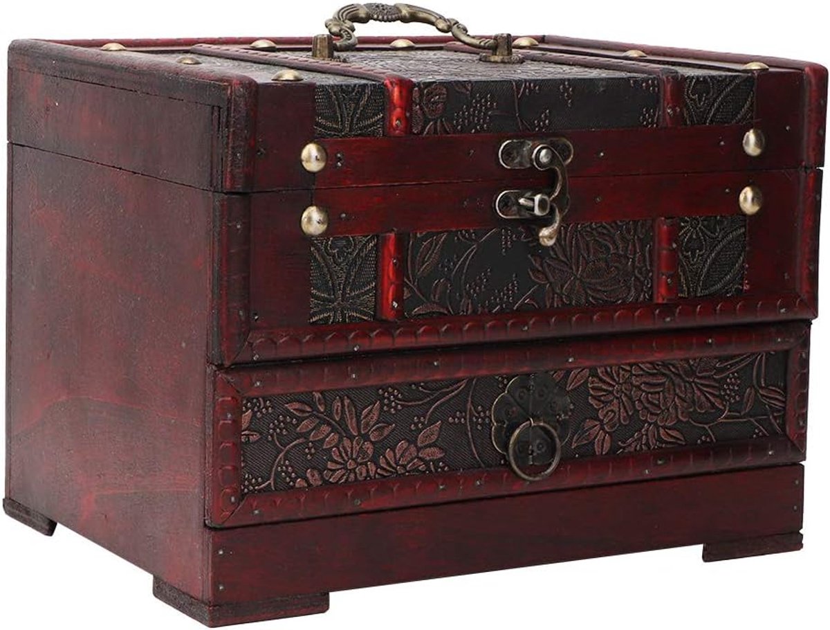 SnelShoppen - Houten Schatkist Vintage Sieradenbox met Spiegel, Kettingen en Oorbellen Organizer, 22 x 16 x 16 cm, Decoratieve Opslag voor Sieraden en