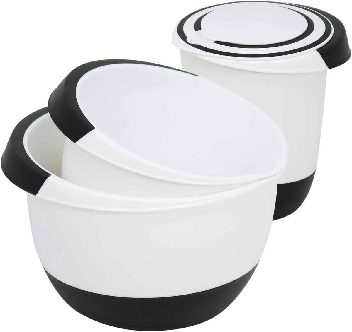 SnelShoppen - Mengkommen Set 3 Stuks - Diverse Maten - Antislip Handvat - Gietrand - Stopper Voet - Wit/Zwart - Keukenaccessoires voor Bakken en Koken
