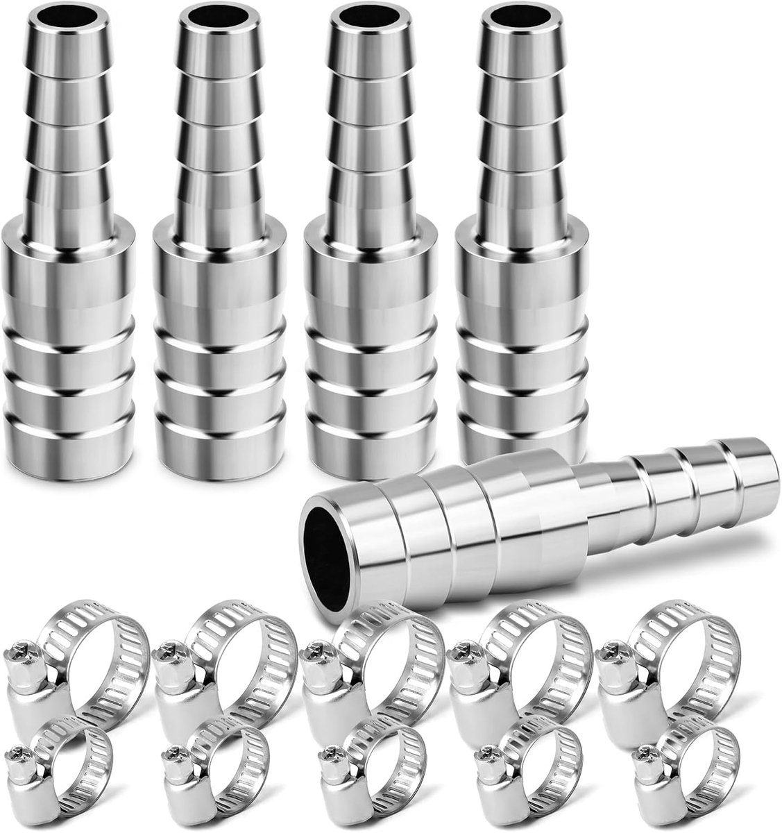 SnelShoppen - 5 Stuks 304 RVS Slangconnector Reducer 16mm naar 10mm, Slangverbinding Vermindering met Slangklemmen voor Water, Brandstof, Lucht, Koelv