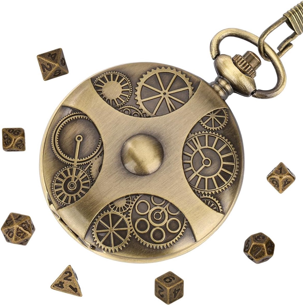 SnelShoppen - Mini Metaal Dobbelstenen Set met Bronzen Ketting, Polyhedrale Dobbelstenen, Antieke Steampunk Stijl, Rollenspel Accessoires, Compact en