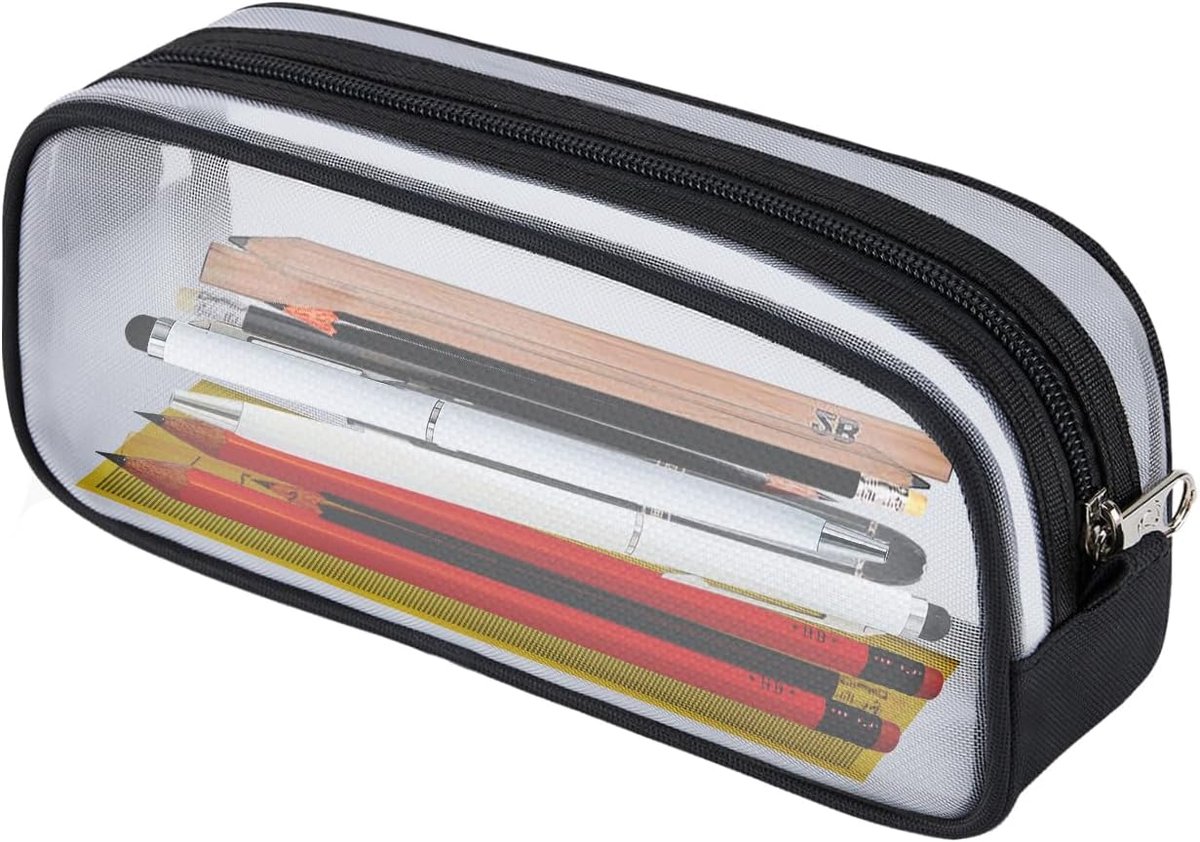 SnelShoppen - Transparante Pennenzak - Mesh Pouch - Aesthetic Pennenzak - Schattige Pennenzak - Grote Capaciteit - Zwart - 26,7 x 13,7 x 3,5 cm - Scho
