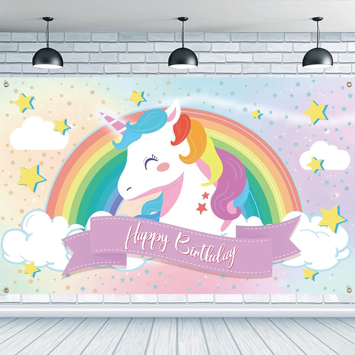 SnelShoppen - Regenboog Happy Birthday Hangbanner Achtergrond 185 x 110 cm Feestdecoratie Cartoon Wolken Sterren Fotobehang