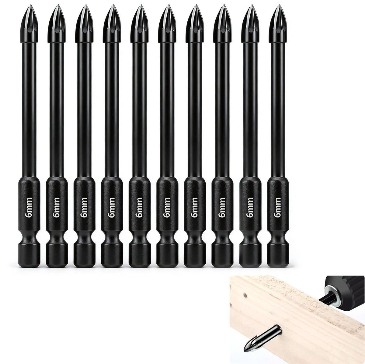 Set van 10 6 mm Tegels, Glas en Betonnen Boorbits met 1/4 Hex Shank, Tungsten Carbide Gereedschap voor Keramiek, Marmer en Beton, Hoge Prestaties en Duurzaamheid